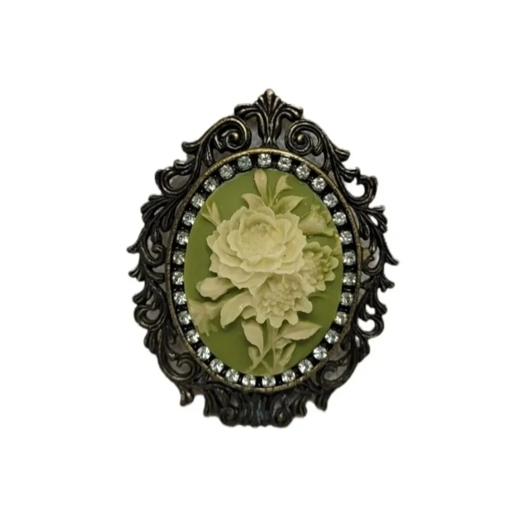 Vtg Style Flower Cameo Brooch Metal Filigree Carved Noblesse Collection 2003 New